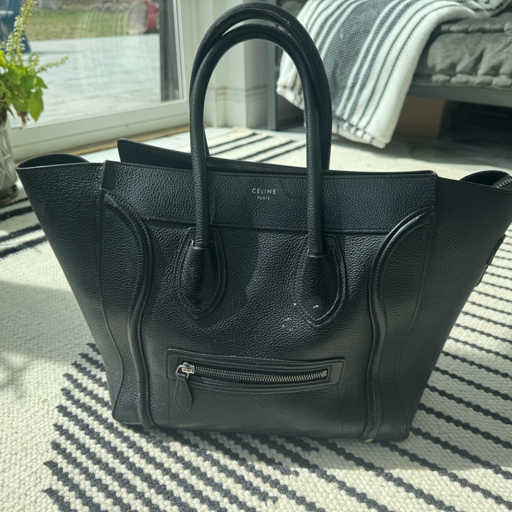 Celine Black Leather Tote Bag with Winged Design